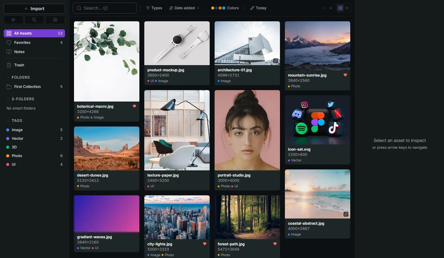 Refchi library view in dark mode: a grid of twelve image thumbnails with file names and dimensions, and a left sidebar listing folders, smart folders, and colored tags